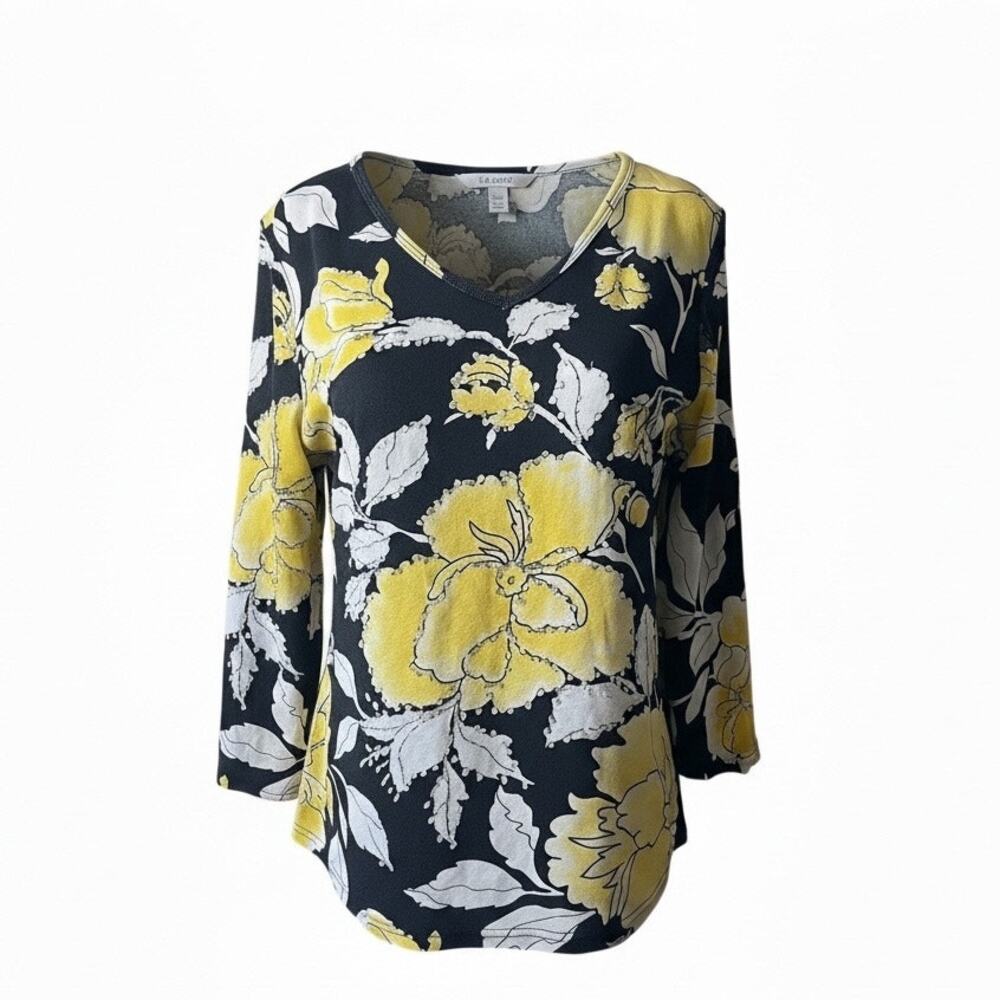 Bila Black Yellow White Floral Cotton Sweater with Sequins Size L